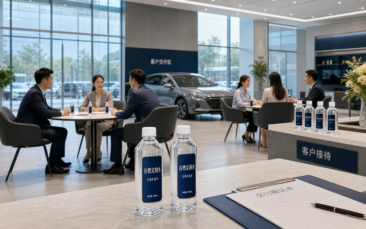 谷燃定制水350mL方肩瓶天然矿泉水在汽车4S店客户接待区多瓶摆放场景